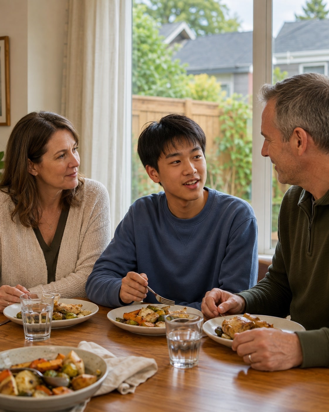 A host family and their student sharing dinner at home in Vancouver
